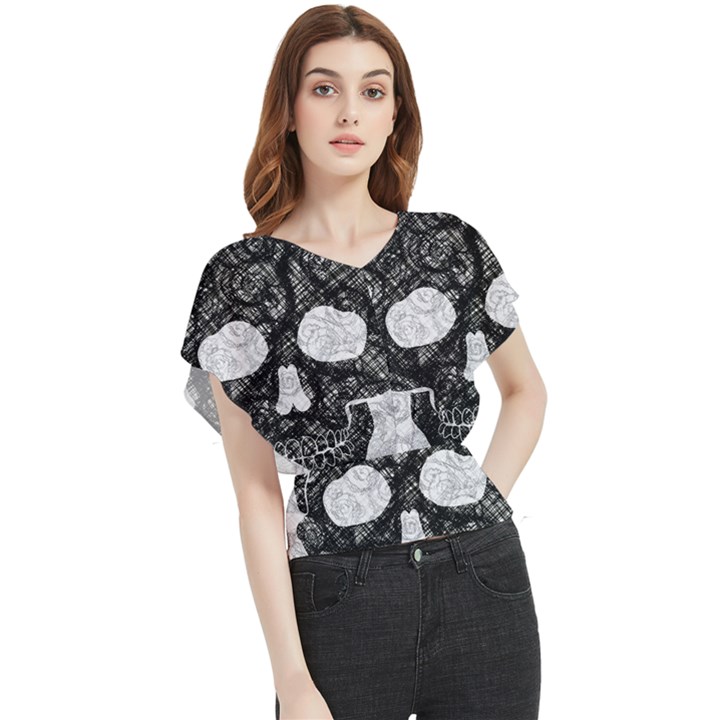 Black skull on white Butterfly Chiffon Blouse