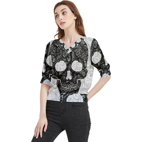 Black Skull On White Quarter Sleeve Blouse by AnkouArts