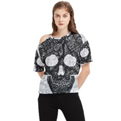 Black Skull On White One Shoulder Cut Out Tee