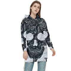 Black Skull On White Women s Long Oversized Pullover Hoodie