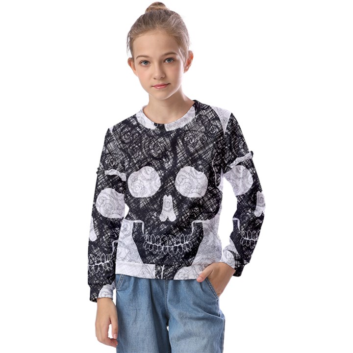 Black skull on white Kids  Long Sleeve Tee with Frill 