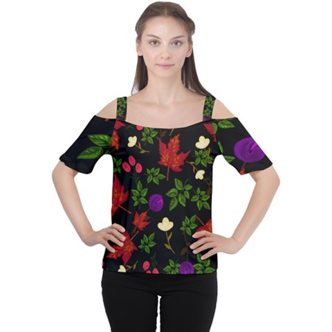 Golden Autumn, Red-yellow Leaves And Flowers  Cutout Shoulder Tee by Daria3107