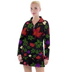 Golden Autumn, Red-yellow Leaves And Flowers  Women s Long Sleeve Casual Dress by Daria3107