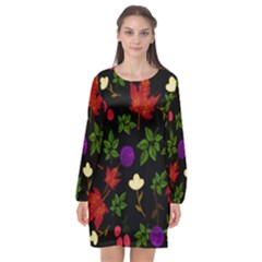 Golden Autumn, Red-yellow Leaves And Flowers  Long Sleeve Chiffon Shift Dress  by Daria3107