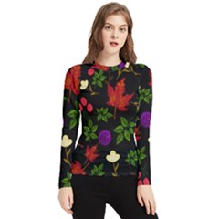 Golden Autumn, Red-yellow Leaves And Flowers  Women s Long Sleeve Rash Guard