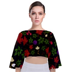 Golden Autumn, Red-yellow Leaves And Flowers  Tie Back Butterfly Sleeve Chiffon Top by Daria3107