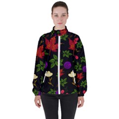 Golden Autumn, Red-yellow Leaves And Flowers  Women s High Neck Windbreaker