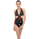 Golden autumn, red-yellow leaves and flowers  Halter Front Plunge Swimsuit View1