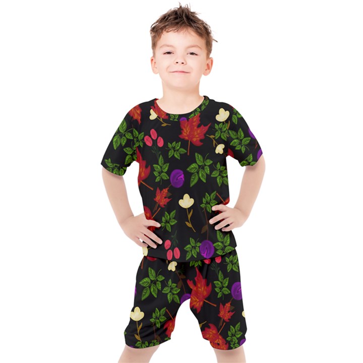 Golden autumn, red-yellow leaves and flowers  Kids  Tee and Shorts Set