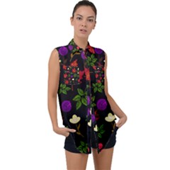 Golden Autumn, Red-yellow Leaves And Flowers  Sleeveless Chiffon Button Shirt