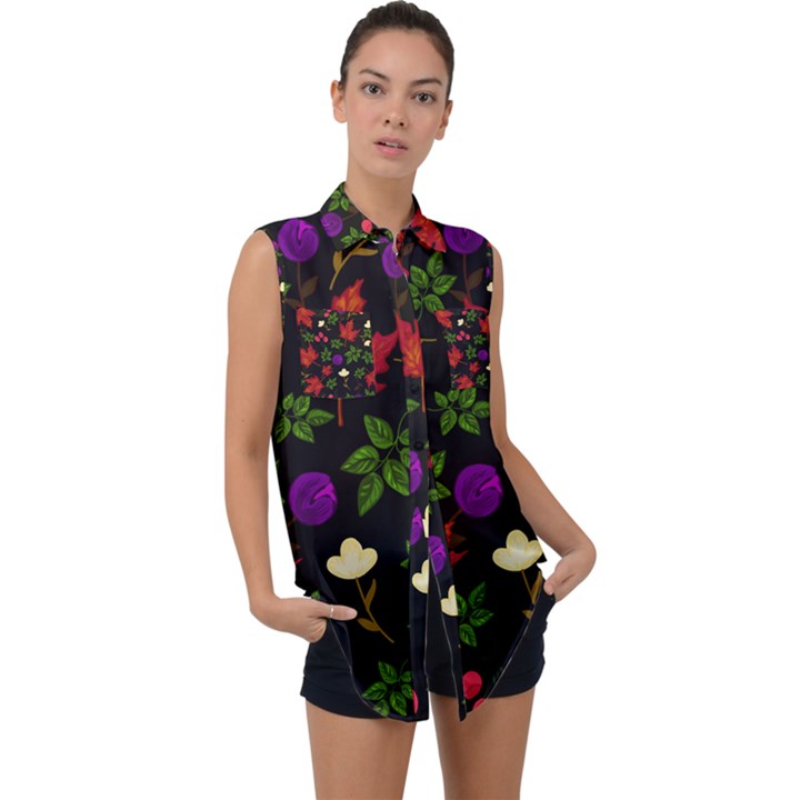 Golden autumn, red-yellow leaves and flowers  Sleeveless Chiffon Button Shirt