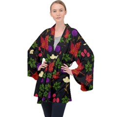 Golden Autumn, Red-yellow Leaves And Flowers  Long Sleeve Velvet Kimono  by Daria3107