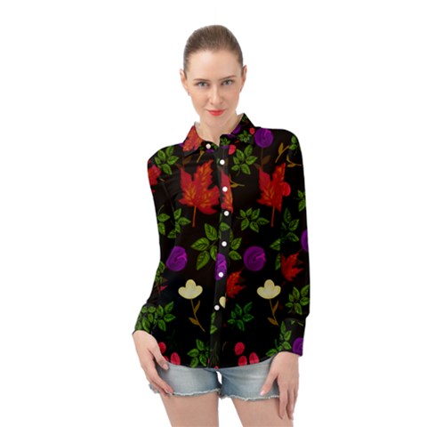 Golden Autumn, Red-yellow Leaves And Flowers  Long Sleeve Chiffon Shirt by Daria3107