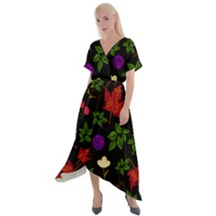 Golden Autumn, Red-yellow Leaves And Flowers  Cross Front Sharkbite Hem Maxi Dress by Daria3107