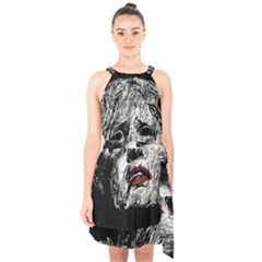 Creepy Head Sculpture Artwork Halter Collar Waist Tie Chiffon Dress