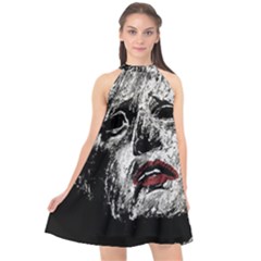 Creepy Head Sculpture Artwork Halter Neckline Chiffon Dress 