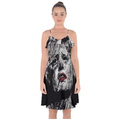 Creepy Head Sculpture Artwork Ruffle Detail Chiffon Dress