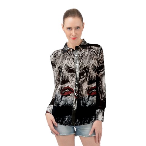 Creepy Head Sculpture Artwork Long Sleeve Chiffon Shirt by dflcprintsclothing