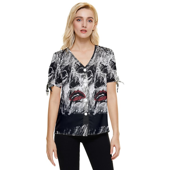 Creepy Head Sculpture Artwork Bow Sleeve Button Up Top