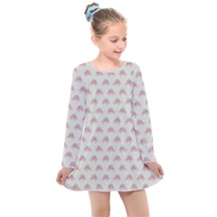 Green And Pink Dinos 4x4 Kids  Long Sleeve Dress