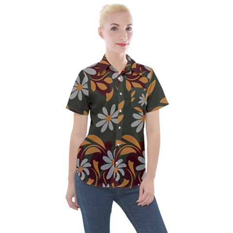 Folk Flowers Pattern Floral Surface Design Women s Short Sleeve Pocket Shirt by Eskimos