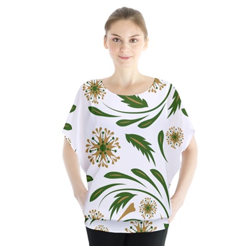 Folk Flowers Pattern Floral Surface Design Batwing Chiffon Blouse by Eskimos