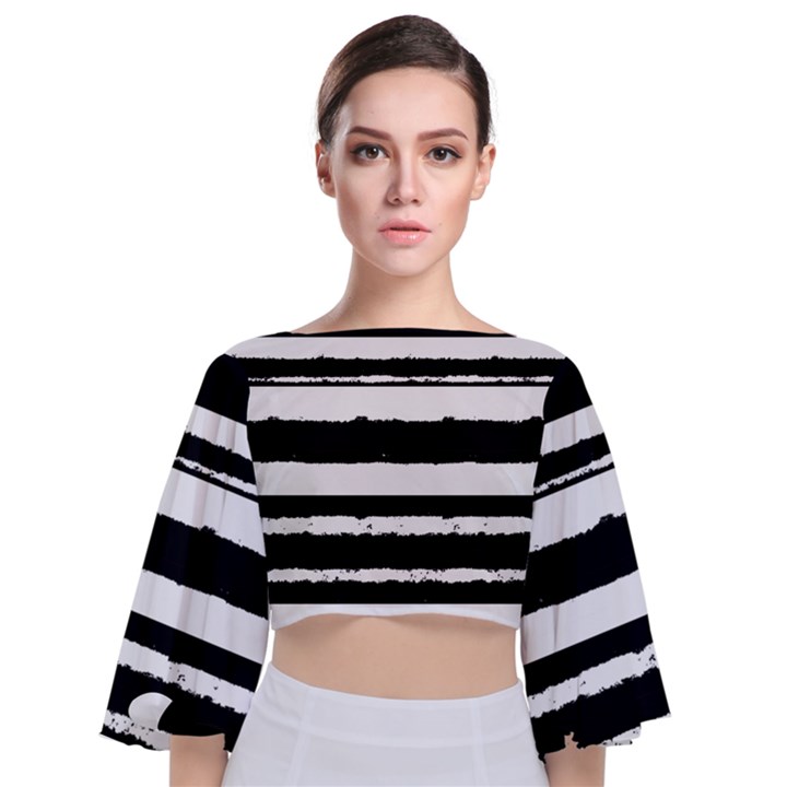 Bandes Abstrait Blanc/Noir Tie Back Butterfly Sleeve Chiffon Top