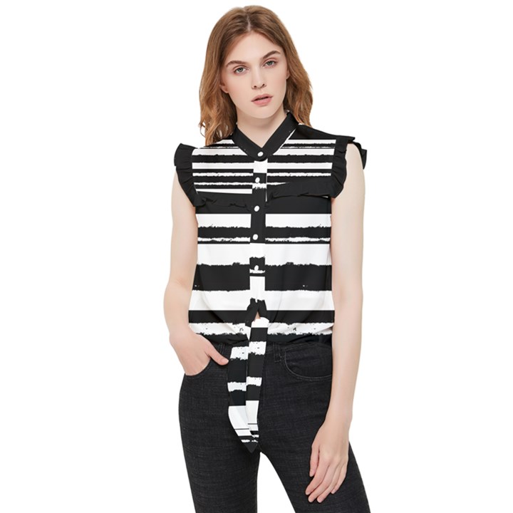 Bandes Abstrait Blanc/Noir Frill Detail Shirt