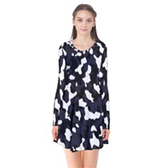 Camouflage Bleu Long Sleeve V-neck Flare Dress