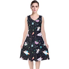 Funny Astronauts, Rockets And Rainbow Space V-neck Midi Sleeveless Dress  by SychEva