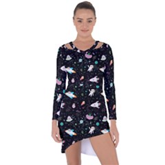 Funny Astronauts, Rockets And Rainbow Space Asymmetric Cut-out Shift Dress by SychEva