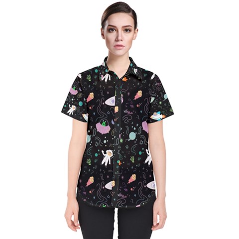 Funny Astronauts, Rockets And Rainbow Space Women s Short Sleeve Shirt by SychEva