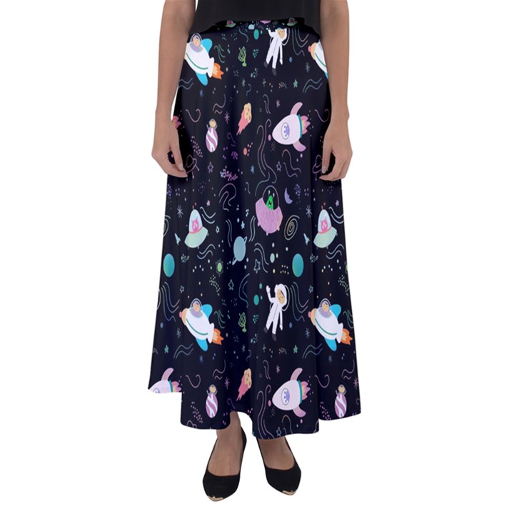 Funny Astronauts, Rockets And Rainbow Space Flared Maxi Skirt