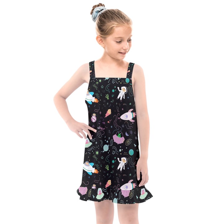 Funny Astronauts, Rockets And Rainbow Space Kids  Overall Dress