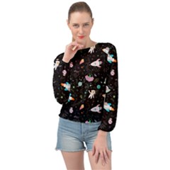 Funny Astronauts, Rockets And Rainbow Space Banded Bottom Chiffon Top by SychEva