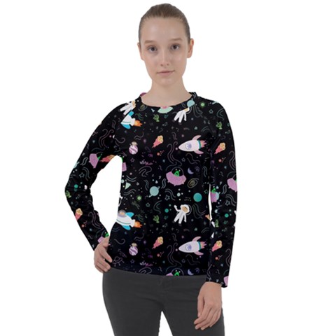 Funny Astronauts, Rockets And Rainbow Space Women s Long Sleeve Raglan Tee by SychEva