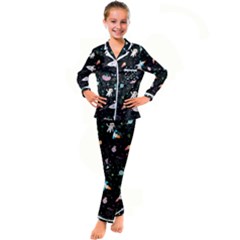 Funny Astronauts, Rockets And Rainbow Space Kid s Satin Long Sleeve Pajamas Set by SychEva