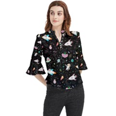 Funny Astronauts, Rockets And Rainbow Space Loose Horn Sleeve Chiffon Blouse