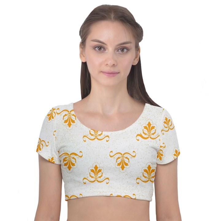 White With Orange Fdl Velvet Short Sleeve Crop Top 