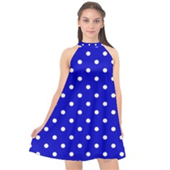 1950 Blue White Dots Halter Neckline Chiffon Dress  by SomethingForEveryone