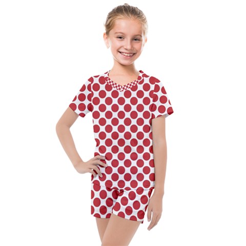 White W Red Dots Kids  Mesh Tee And Shorts Set by SomethingForEveryone