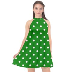 1950 Green White Dots Halter Neckline Chiffon Dress  by SomethingForEveryone