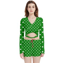 1950 Green White Dots Velvet Wrap Crop Top And Shorts Set by SomethingForEveryone