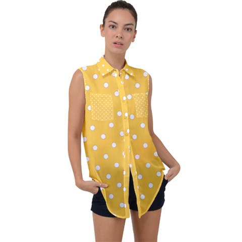 1950 Happy Summer Yellow White Dots Sleeveless Chiffon Button Shirt by SomethingForEveryone