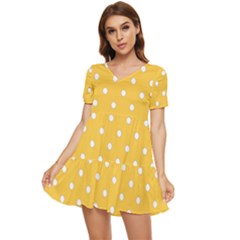 1950 Happy Summer Yellow White Dots Tiered Short Sleeve Mini Dress by SomethingForEveryone