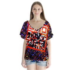 Root Humanity Bar And Qr Code In Flash Orange And Purple V-neck Flutter Sleeve Top by WetdryvacsLair