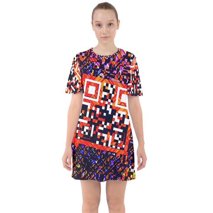 Root Humanity Bar And Qr Code in Flash Orange and Purple Sixties Short Sleeve Mini Dress