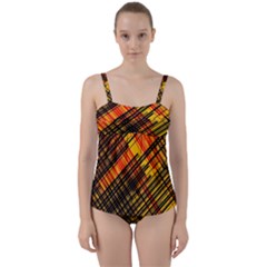 Root Humanity Orange Yellow And Black Twist Front Tankini Set by WetdryvacsLair