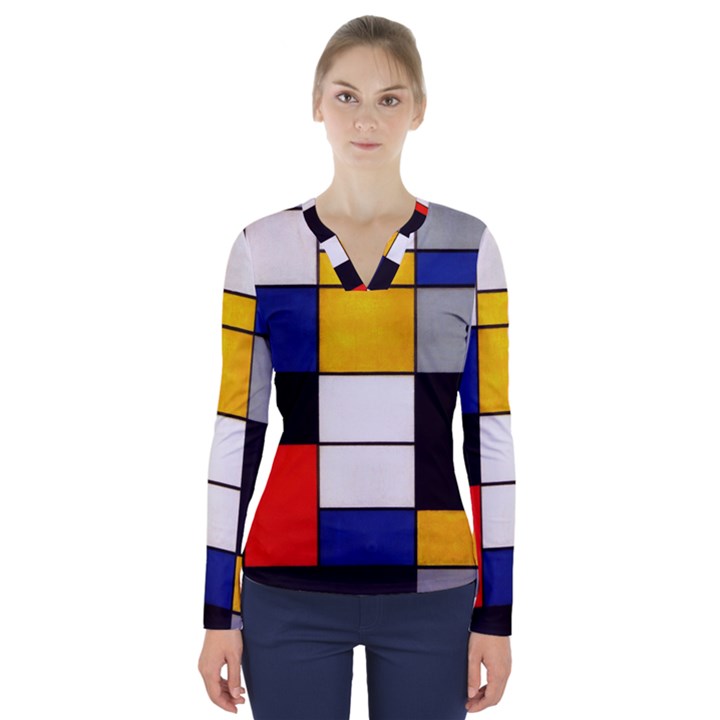 Composition A By Piet Mondrian V-Neck Long Sleeve Top