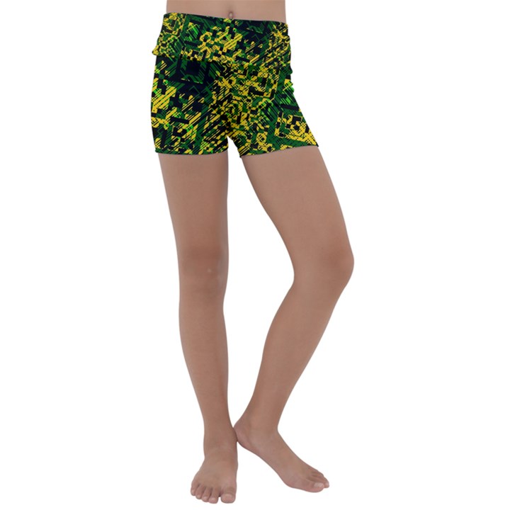 Root Humanity Bar And Qr Code Green and Yellow Doom Kids  Lightweight Velour Yoga Shorts